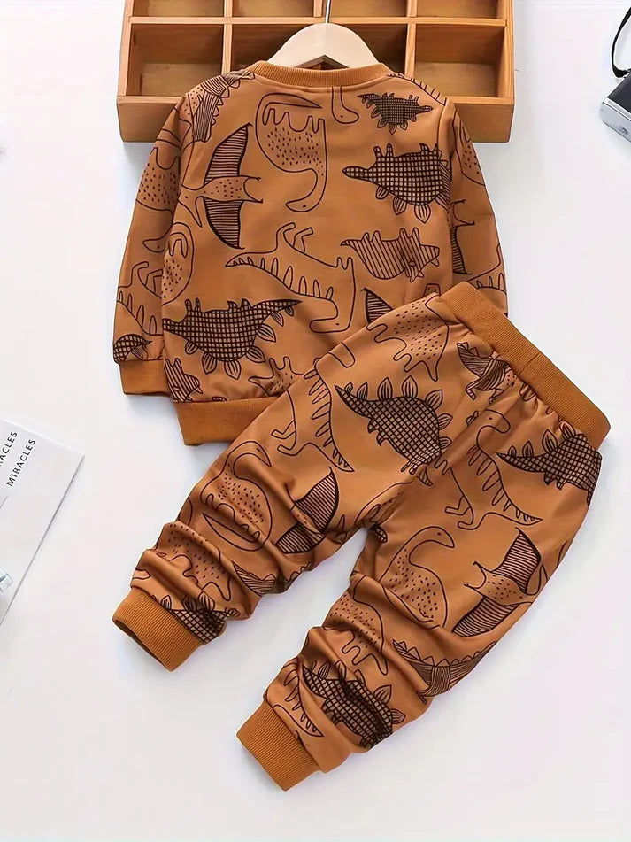 Brown Dinosaur Printed Kids Winter Suit