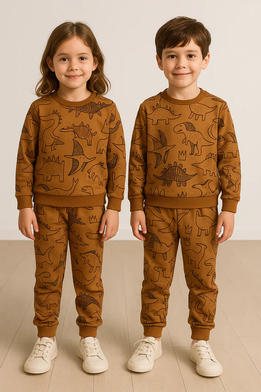 Brown Dinosaur Printed Kids Winter Suit