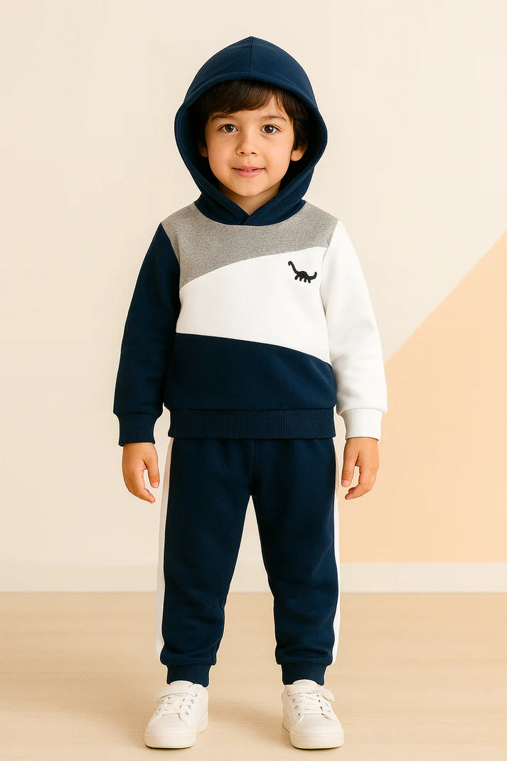 Navy Blue Panel Dinosaur Printed Kids Winter Suit