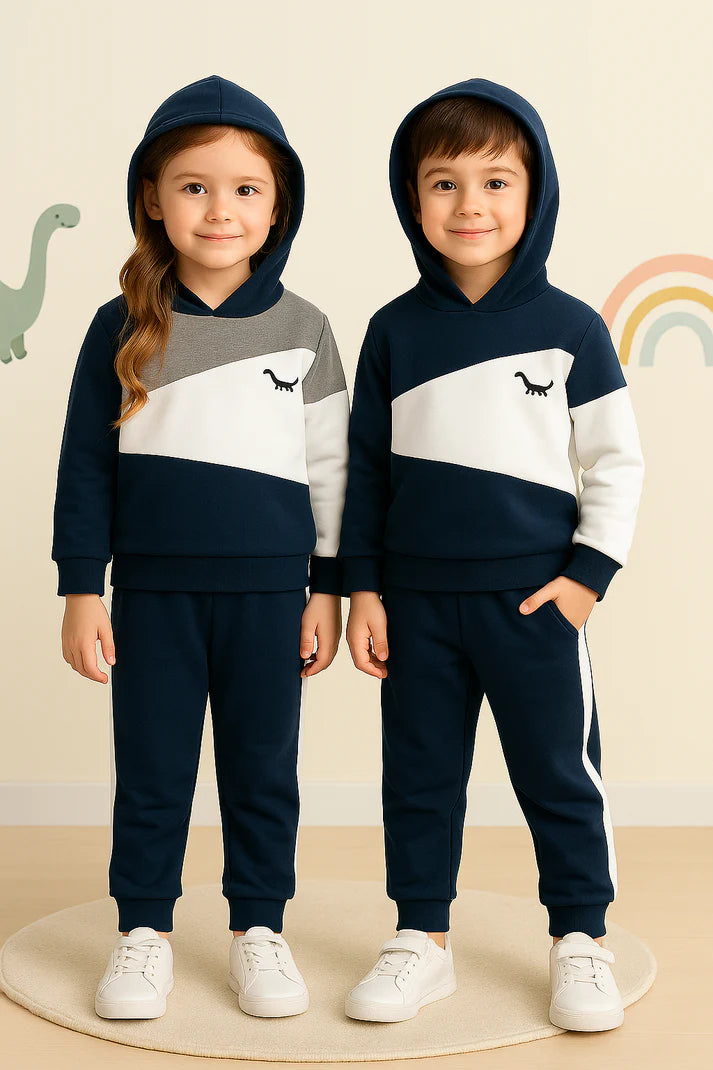 Navy Blue Panel Dinosaur Printed Kids Winter Suit