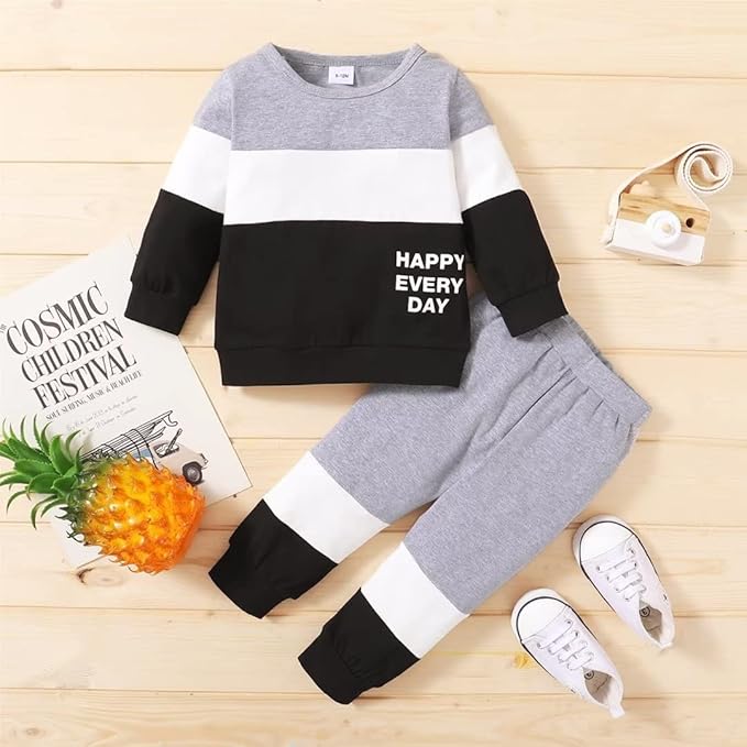 Grey & Black Panel Happy Everyday Printed Kids Winter Suit
