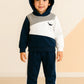 Navy Blue Panel Dinosaur Printed Kids Winter Suit