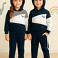 Navy Blue Panel Dinosaur Printed Kids Winter Suit