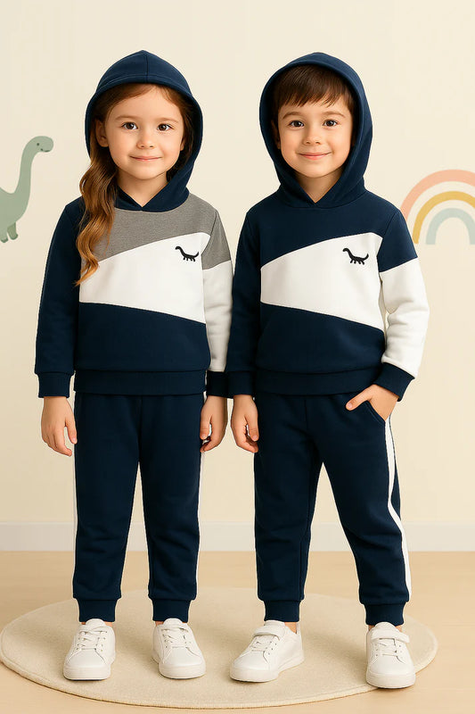 Navy Blue Panel Dinosaur Printed Kids Winter Suit