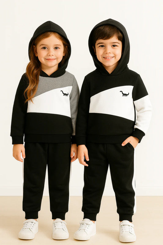 Black Panel Dinosaur Printed Kids Winter Suit