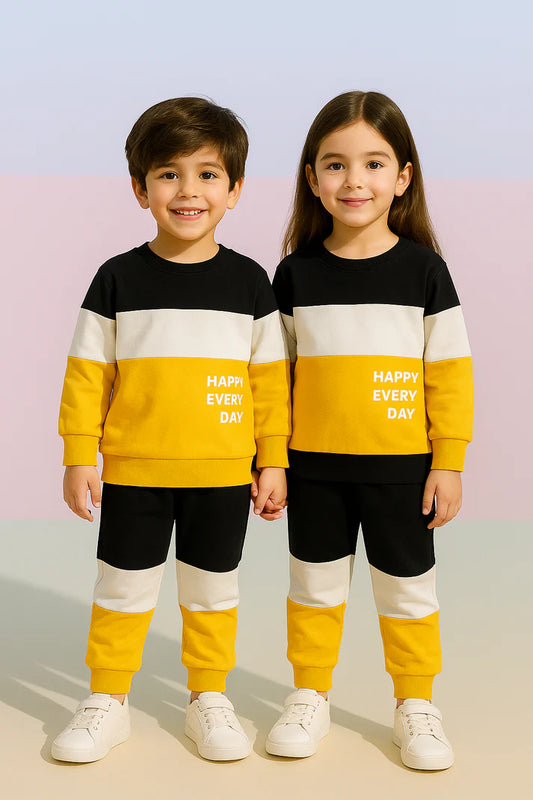 Black & Yellow Panel Happy Everyday Printed Kids Winter Suit