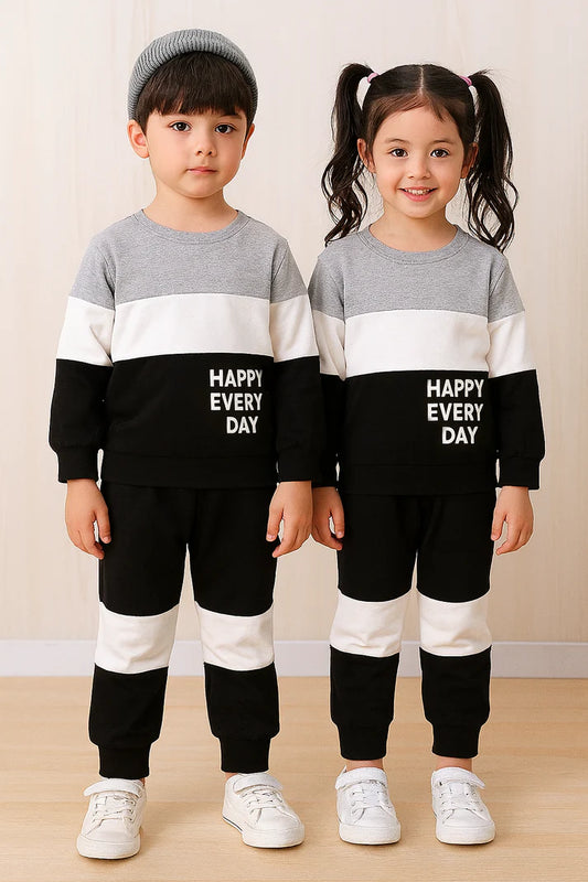 Grey & Black Panel Happy Everyday Printed Kids Winter Suit